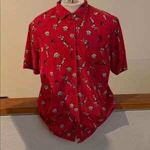 VSTR Red Stretch Shirt with skulls and Hawaiian ghost Polynesian skull dancers